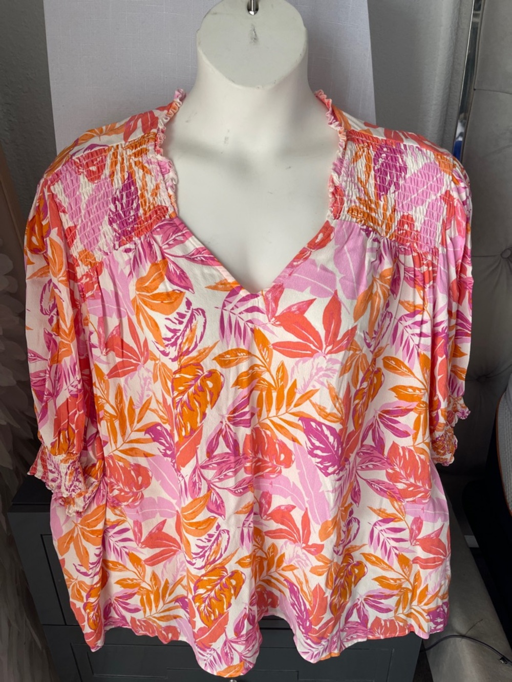 Terra & Sky Pink and Orange Tropical V-Neck Blouse